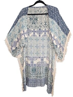 Macchia Di Ruggine Boho Patchwork Kimono Duster Blue Cream OS Hippie Indie